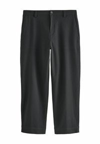 Pantaloni neri tagliati con una texture liscia, dotati di chiusura a bottone, passanti per cintura e tasche laterali. Design semplice a gamba dritta.