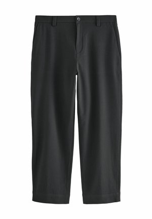 Black, cropped trousers with a smooth texture, featuring a button closure, belt loops, and side pockets. Simple, straight-leg design.