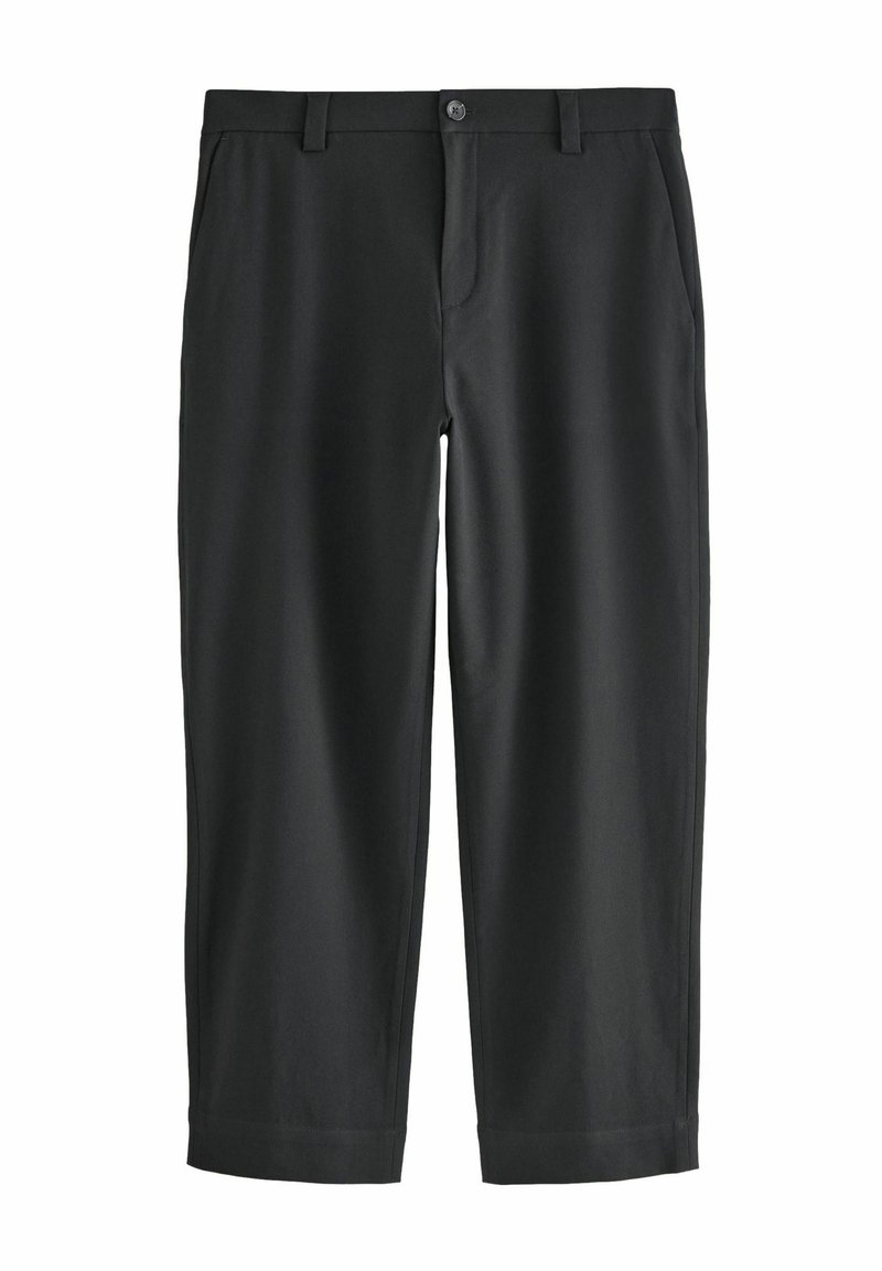 Pantaloni neri tagliati con una texture liscia, dotati di chiusura a bottone, passanti per cintura e tasche laterali. Design semplice a gamba dritta.
