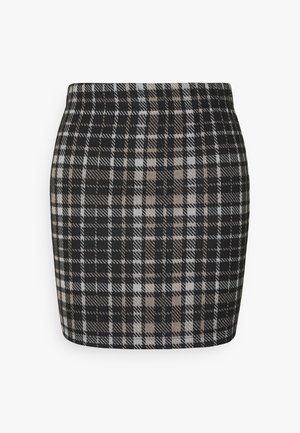 Jupe mini à carreaux noir et beige avec une silhouette ajustée, réalisée en tissu texturé, présentant une taille haute et un ourlet sans couture.