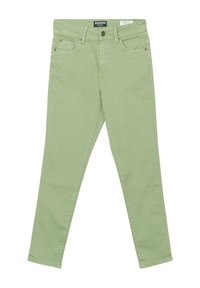 Jeans ajustados de algodón en un suave tono verde claro. Cuenta con cinco bolsillos, remaches de metal y un cierre de botón. Textura suave con ligero estiramiento.