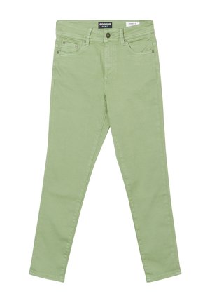 Jeans skinny in cotone verde chiaro. Presentano cinque tasche, rivetti metallici e chiusura con bottone. Tessuto liscio con leggero elasticità.