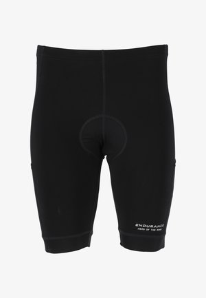 Schwarze Radshorts aus dehnbarem Material, mit einem eng anliegenden Schnitt, gepolstertem Bereich und kontrastierenden Nähten. "ENDURANCE"-Logo an der Seite.