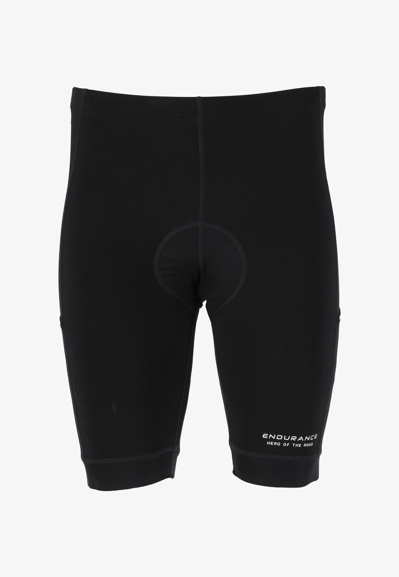 Mustat pyöräilyshortsit, jotka on valmistettu joustavasta kankaasta. Niissä on tiivis muotoilu, pehmustettu alue ja kontrastiväriset saumat. "ENDURANCE"-logo sivussa.