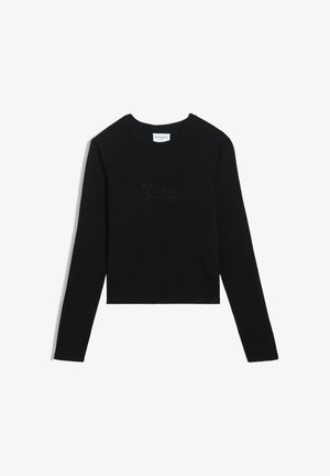 Crop top nero a maniche lunghe in morbido cotone, con scollatura rotonda e una forma leggermente aderente, impreziosito da strass neri sul davanti.