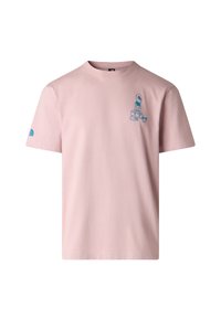 T-shirt en coton rose avec un graphisme d'astronaute bleu sur le devant et un petit logo sur la manche gauche. Manches courtes et encolure ronde.