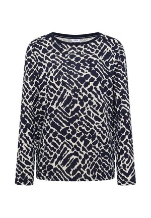 Tummansininen ja kermansävyinen pitkähihainen paita, jossa on abstrakti kuvio eri muodoista ja tekstuureista. Pyöreä kaula-aukko ja rento malli.