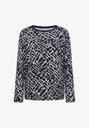 Maglietta a maniche lunghe blu navy e crema con un motivo astratto caratterizzato da forme e texture variabili. Collo rotondo e vestibilità ampia.