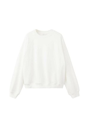 Sweat-shirt blanc uni à manches longues avec col rond et poignets et ourlet côtelés, présenté sur fond blanc.