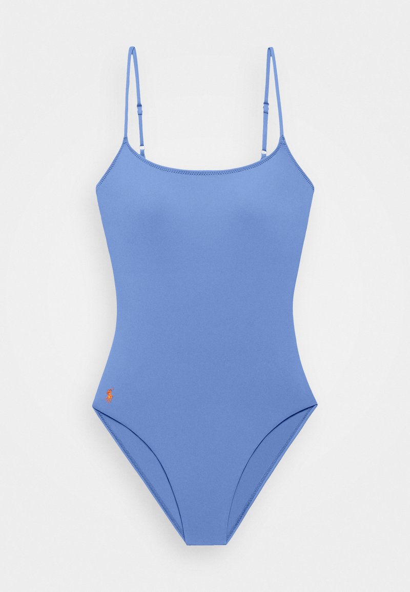 Blue one-piece swimsuit with thin adjustable straps. Smooth texture, simple design, featuring a small logo accent at the hip.