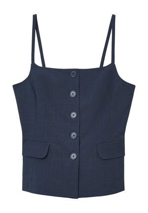 Top senza maniche blu navy con spalline sottili, cinque bottoni frontali e due piccole tasche a patta in vita.