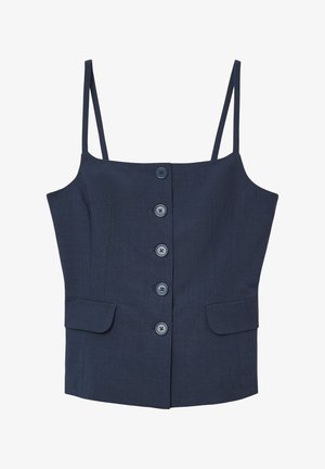Top senza maniche blu navy con spalline sottili, cinque bottoni frontali e due piccole tasche a patta in vita.