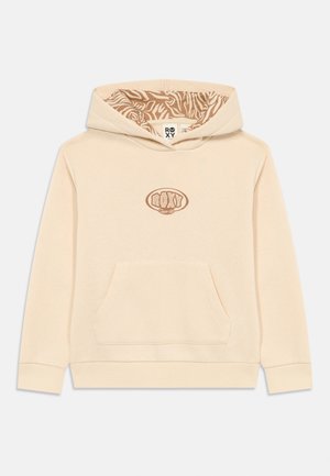 Beige hoodie met voorzak, bruin "ROXY Since 90" logo op de borst, en capuchon gevoerd met een bruin en beige abstract patroon.