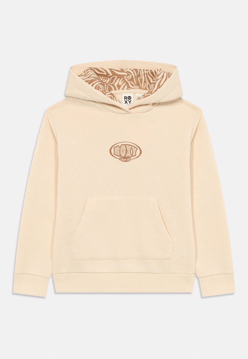 Beige Kapuzenpullover mit Fronttasche, braunem "ROXY Since 90" Logo auf der Brust und Kapuze mit braun-beigem abstraktem Muster gefüttert.