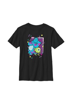Sort t-shirt med farverig grafik af to tegneserie-monstre, en stor blå med lilla pletter og en lille grøn med ét øje.