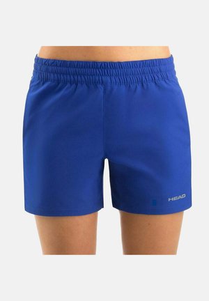 Shorts de sport bleus en tissu léger, avec une taille élastique et un détail de logo sur le bas à gauche.