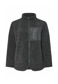 Giacca in pile grigio scuro con colletto alto, chiusura frontale con zip e corpo testurizzato. Presenta una tasca sul petto liscia con dettagli in zip.