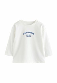 Chemise en coton blanche avec un col rond, coupe décontractée et manches trois-quarts, affichant un texte bleu : "TOUJOURS AWESOME MÊME CHOSE DEMAIN."