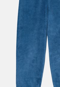 Blue, soft, fleece joggers with a smooth texture, featuring a straight leg cut and minimal detailing.