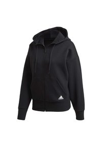 Sweat à capuche noir zippé avec poches avant, capuche à cordon, poignets côtelés et petit logo blanc Adidas sur la poche inférieure gauche.