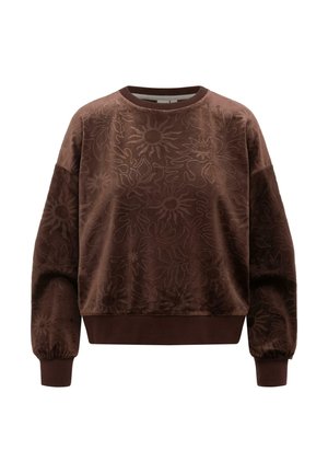 Brun crewneck-genser med preget abstrakte sol- og bladmønstre, ribbede mansjetter og kant, samt en avslappet passform.