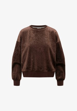 Bruine sweatshirts met ronde hals met geperste abstracte zon- en bladvormen, geribbelde manchetten en zoom, en een ontspannen pasvorm.