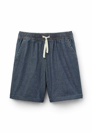Pantalones cortos de mezclilla con una cintura elástica y cordón crema. Cuenta con dos bolsillos laterales y un corte recto con dobladillos doblados.