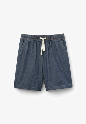 Pantalones cortos de mezclilla con una cintura elástica y cordón crema. Cuenta con dos bolsillos laterales y un corte recto con dobladillos doblados.