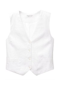 Gilet en lin blanc avec un col en V, fermeture à cinq boutons, deux poches avant et sans manches. Tissu texturé avec un léger éclat.