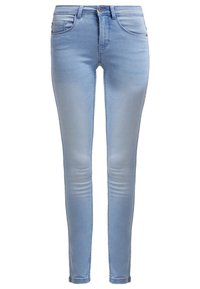 Jean skinny bleu clair avec bouton avant, fermeture éclair, poches avant et arrière, et légère décoloration aux cuisses et aux genoux.