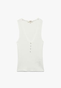 Witte ribgebreide tanktop met een diepe V-hals en vijf decoratieve knopen in het midden. Zachte textuur, mouwloos ontwerp en aangesloten silhouette.