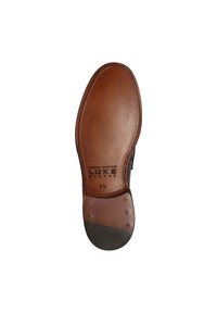 Braune Ledersohle mit Goodyear-Rahmenkonstruktion, ovaler Form, eingeprägtem Markennamen und abgerundetem Absatz mit glatter Oberfläche.