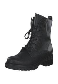 Zwarte leren enkelboot met vetersluiting aan de voorkant, zijrits, chunky zool en een vierkante hak. Kenmerkt zich door een gladde textuur en versterkte naden.