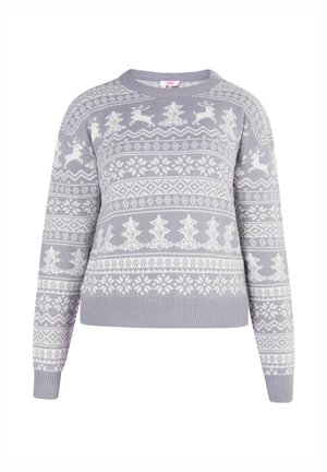 Lichtgrijs trui met witte rendieren, bomen en sneeuwvlokken in een Fair Isle-patroon. Ribbelmanchetten en boord. Ronde halslijn.
