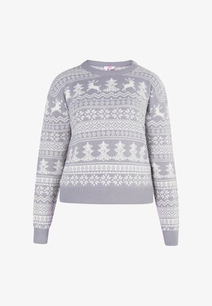 Helles graues Sweatshirt mit weißen Rentieren, Bäumen und Schneeflocken im Fair-Isle-Muster. Rippstrickbündchen und -saum. Rundhalsausschnitt.