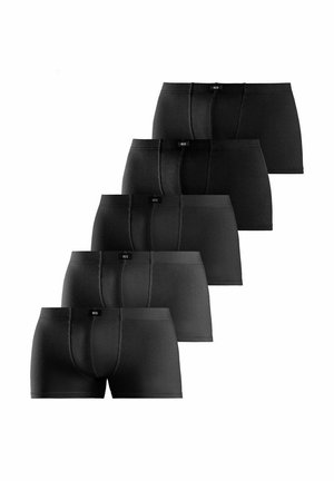 Six pairs of black men's boxer briefs with a front pouch and a small brand label on the waistband, arranged in a staggered stack.