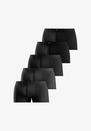 Six pairs of black men's boxer briefs with a front pouch and a small brand label on the waistband, arranged in a staggered stack.