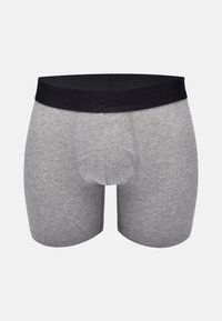 Gray cotton boxer briefs with a black elastic waistband featuring embossed "ALLSAINTS" branding. Smooth texture and fitted design.