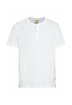 Witte T-shirt met korte mouwen van zacht materiaal, met een ronde hals, een drieknoopsluiting en zijsplitten aan de zoom.