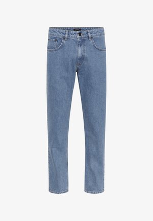 Lichtblauwe denimjeans, rechte snit, vijf zakken, metalen knoopsluiting en subtiele vervaging langs de benen.