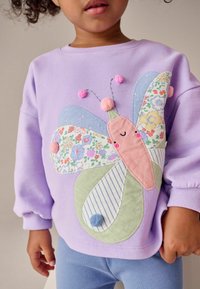 Bluza mov lavandă cu o aplică colorată de fluture cu modele florale, accente moi din pompoane și secțiuni cu dungi pentru detalii.