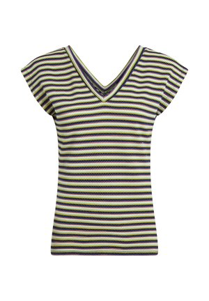Top con scollo a V e maniche corte in tessuto a maglia. Presenta righe orizzontali in viola, verde, giallo e bianco. Finitura testurizzata.