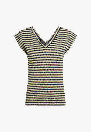 V-Ausschnitt, kurzärmliges Oberteil aus Strickstoff. Mit horizontalen Streifen in Lila, Grün, Gelb und Weiß. Strukturierte Oberfläche.