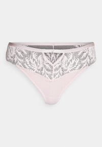 String léger rose avec une taille en dentelle florale et un détail de nœud en satin au centre, tissu doux et forme lisse et contourée.