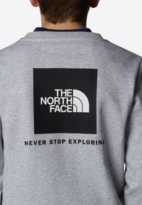 Grå hettegenser med rund hals, med en stor svart firkantet logo på baksiden som leser "THE NORTH FACE" og "NEVER STOP EXPLORING."