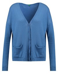 Cárdigan azul hecho de material ligero, con cuello en V, seis botones, dos bolsillos delanteros y puños y dobladillo acanalados.