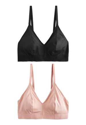 Kaksi saumattomista bralette-toppeja, yksi musta ohuilla olkaimilla ja yksi vaaleanpunainen ohuilla olkaimilla, valkoisella taustalla.