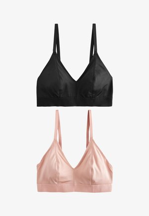Deux hauts de bralette sans couture, un noir avec des fines bretelles et un rose clair avec des fines bretelles, affichés sur un fond blanc.