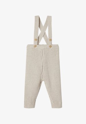 Beige ribbed knit baby pants with cross-back suspenders and four wooden buttons on the waistband.