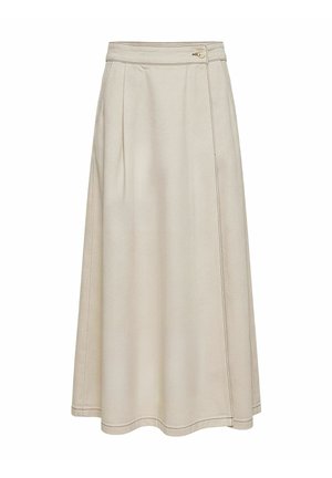 Jupe longue beige en ligne A avec fermeture latérale par boutons et coutures discrètes, conçue pour une coupe lisse et élégante.